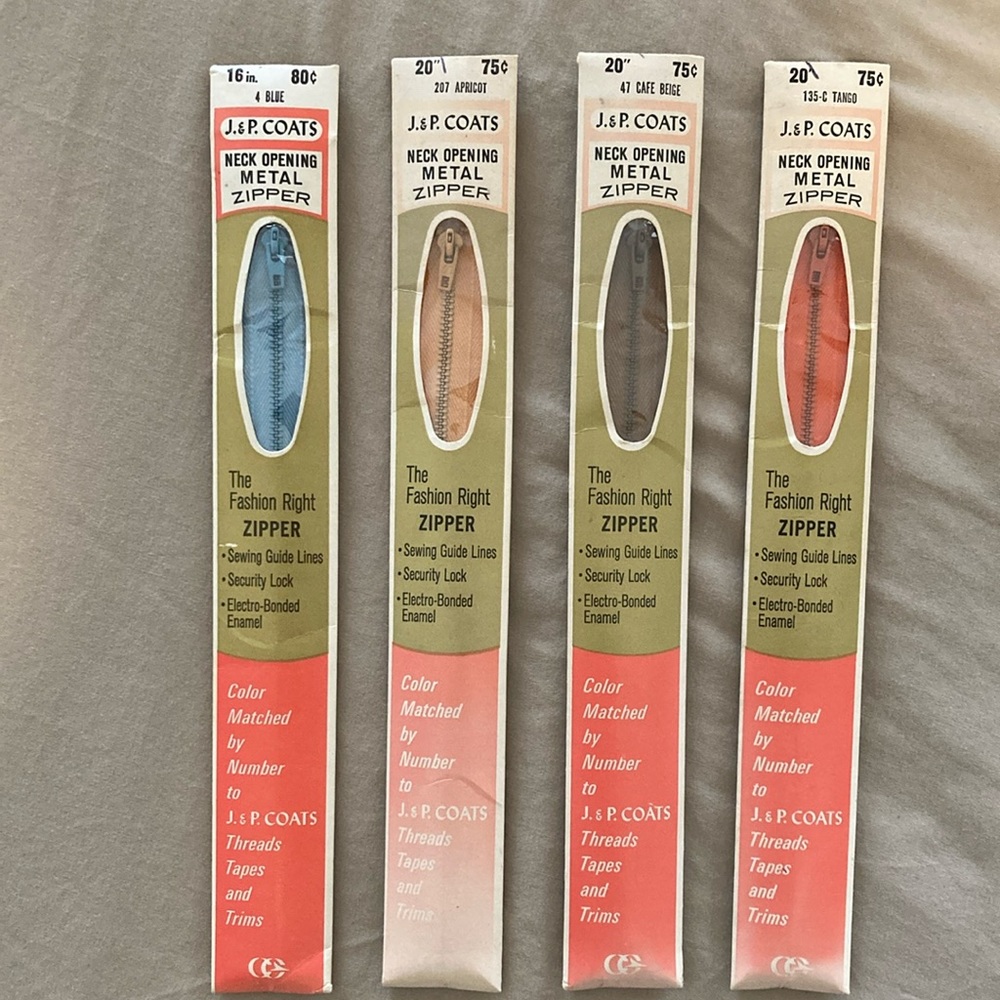 Zipper bundle of 4 vintage J&P Coats metal zippers